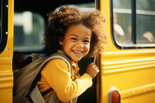 Generative AI Image Of Cheerful African American Boy With Curly Hair And Backpack Smiling And Looking At Camera While Standing On Doorway Of Yellow School Bus
