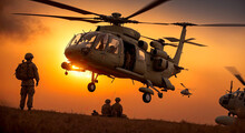 Military Helicopter Landing In Desert. Military Scene Against The Backdrop Of Fire And Bright Sunset. Military Helicopter Transports Soldiers. Generative AI