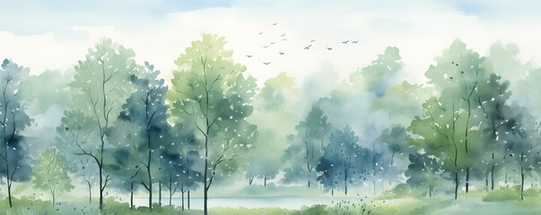 Green park, forest landscape watercolor banner 
