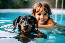Generative AI Illustration Of Cute Kid With Dachshund Puppy In Black Fur Looking At Camera While Swimming Together In Blue Pool Water In Daylight