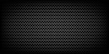 Dark Grey Abstract Wide Horizontal Banner With Hexagon Carbon Fiber Grid And Orange Luminous Lines. Technology Vector Background With Orange Neon Lines.