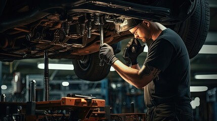 Mechanic conducts a comprehensive inspection and meticulous repair of the car's suspension system, ensuring a smooth and comfortable ride for the driver and passengers. Generated by AI.