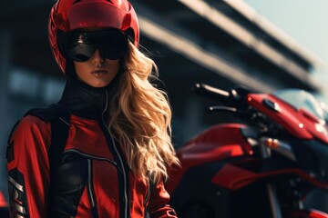 Wall Mural - Young cool woman wearing motorcycle gear and helmet, AI Generated