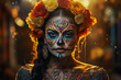 Portrait of a young woman face with mexican sugar skull makeup. Day of The Dead. Katrina skull in Halloween.