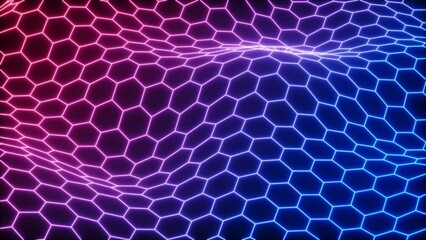 Poster - Glowing hexagonal grid neon motion video, 3d rendering.