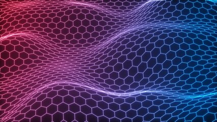 Poster - Glowing hexagonal grid neon motion video, 3d rendering.