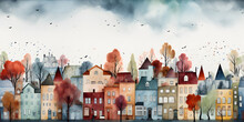 Cartoon Colorful Autumn City Seamless Watercolor Background