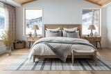 Fototapeta  - bedroom interior with a large comfortable bed, Front view. Modern Farmhouse interior style. Generative AI