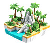3D isometric low poly portrayal of a tropical island with a river with simplistic, low-polygon trees.