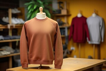 Wall Mural - Burgundy sweatshirt worn on a mannequin in a minimalist style, like a studio photo with a brown room background. Generative AI