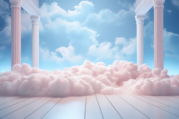 A beautiful light blue background with fluffy clouds trailing across the floor with pink lighting