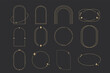 Set golden celestial frames, borders, arch line art esoteric minimal decoration with sparkles isolated on dark background.