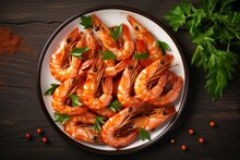 Healthy Diet Food: Boiled Wild Tiger Shrimps Close-up On A Plate On A Table. Horizontal Top View. Generative AI