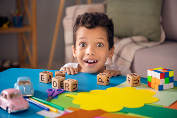 Photo of positive impressed little boy dressed white t-shirt open mouth excited getting new toys indoors house home room