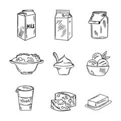 Vector dairy product. Sketchyogurt, milk, cottage cheese and butter, sour cream, camembert and whipped cream. Vector illustration.