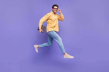 Aufkleber - Full size body photo of run active leader guy professional it specialist working remote carry netbook isolated on violet color background