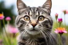 Close-up Portrait Of A Gray Tabby Cat Among Flowers On A Blurred Background