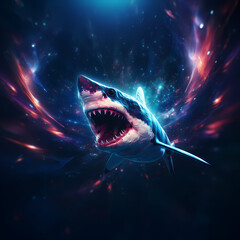 Aggressive attacking neon shark face, front view, on milky way galaxy, dreamy, blue and velvet, psychedelic, dark, intricate, cinematic, tilt shift