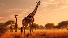 Giraffe On The Savanna. Generative AI
