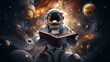 Astronaut reading a book in space, Generative AI	