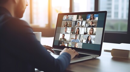 virtual meeting video conference. team working by group video call share ideas brainstorming negotia