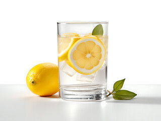 Sparkling water with lemon in a glass close-up on a white background. Ai Generative