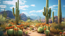 A Stunning Desert Landscape With Majestic Mountains And Vibrant Cacti