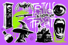 Vector Set Of Halloween Symbols In Halftone Mixed Media Collage Stickers Style. Dotted Illustration With Witch, Coffine, Vampire Mouth, Castle And Potion. Vintage 90s Zine Paper Pieces Collection.