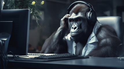 Monkey in earphone works at the office in the computer