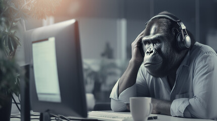 Monkey in headphones call center worker looking at computer