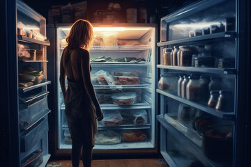 Wall Mural - Woman standing in front of an open fridge, looking for a midnight snack..Ai generated
