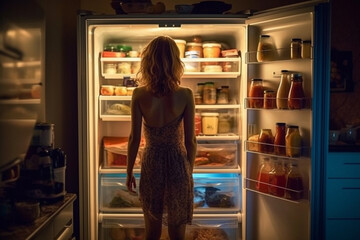 Wall Mural - Woman standing in front of an open fridge, looking for a midnight snack..Ai generated
