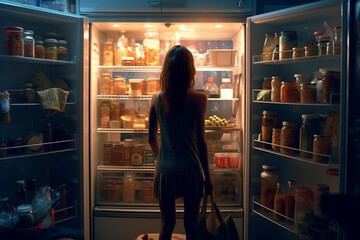 Wall Mural - Woman standing in front of an open fridge, looking for a midnight snack..Ai generated
