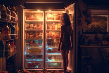 Wall Mural - Woman standing in front of an open fridge, looking for a midnight snack..Ai generated
