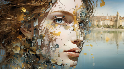 Wall Mural - Woman's artificial intelligence face with European landscape in the background