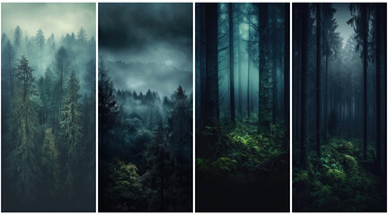 Canvas Print - Cinematic and dramatic, a set of forest landscapes. Charming and nordic color tones.  Created with Generative AI technology.