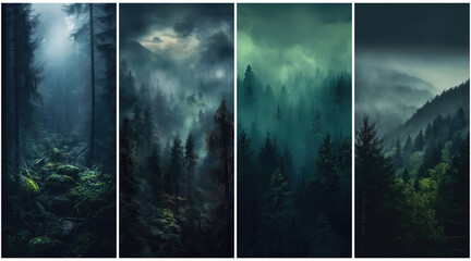 Canvas Print - Cinematic and dramatic, a set of forest landscapes. Charming and nordic color tones.  Created with Generative AI technology.