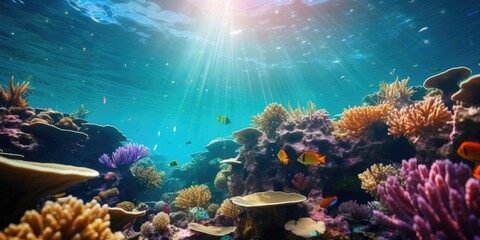 Wall Mural - Underwater Scene - Tropical Seabed With Reef And Sunshine