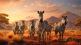 Fototapeta Sawanna - Herd of zebras in the morning sun. Generative AI
