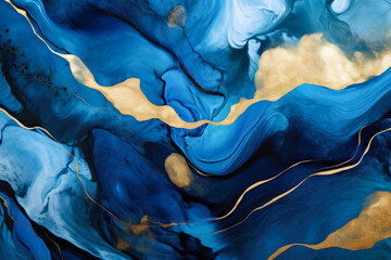 Poster - The background features an abstract blue and gold pattern formed by the flow of colors from a marble liquid ink art with gold lines.