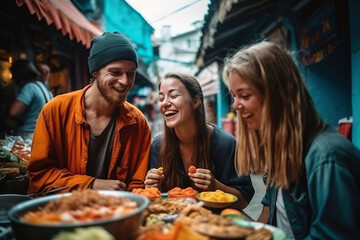 group of backpackers in a faraway country have bought street food and are about to dine. Generative AI