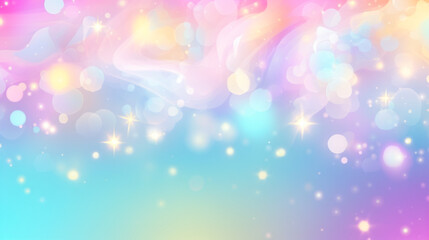 Poster - Pastel rainbow background with a few stars and clouds and a Magic holographic galaxy