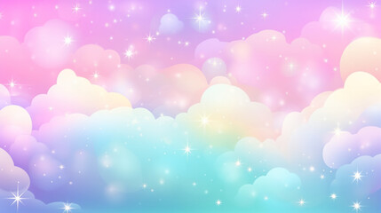 Poster - Rainbow unicorn background. Pastel fantasy sky with bokeh and stars. Magic holographic galaxy. Marble kawaii texture