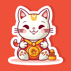  Vector Lucky Cat illustration isolated on white background. Maneki neko trendy character. Cute kitty rich and happy