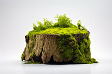 The Fresh-looking Tree Stump Is Filled With Lush Green Moss That Almost Covers Its Entire Surface, Set Against A White Background.
