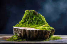 The Front View Of A Tree Stump Covered In Green Moss With A Black Background.