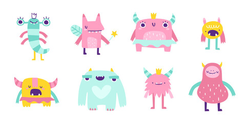 Wall Mural - set of cute monster girls. vector collection of girly beasts for kids. pink doodle monsters bundle f