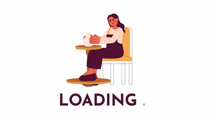 Poster - Arab adult woman works on clay 2D loading animation. Female artist holding clay pot on wheel animated cartoon character 4K video loader motion graphic. Learning pottery download, upload progress gif
