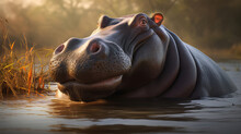 Huge Hippopotamus Swimming In The River. Generative AI