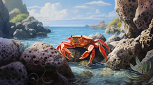 A Red Crab Or Fiddler Crab Hiding Among Rocks Or Coral Reefs